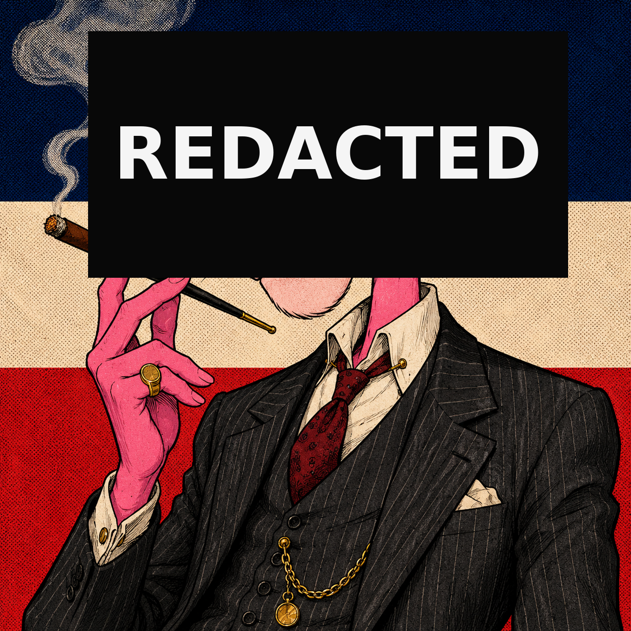 An illustrated lawyer in a pinstripe suit with a cigar, face redacted.
