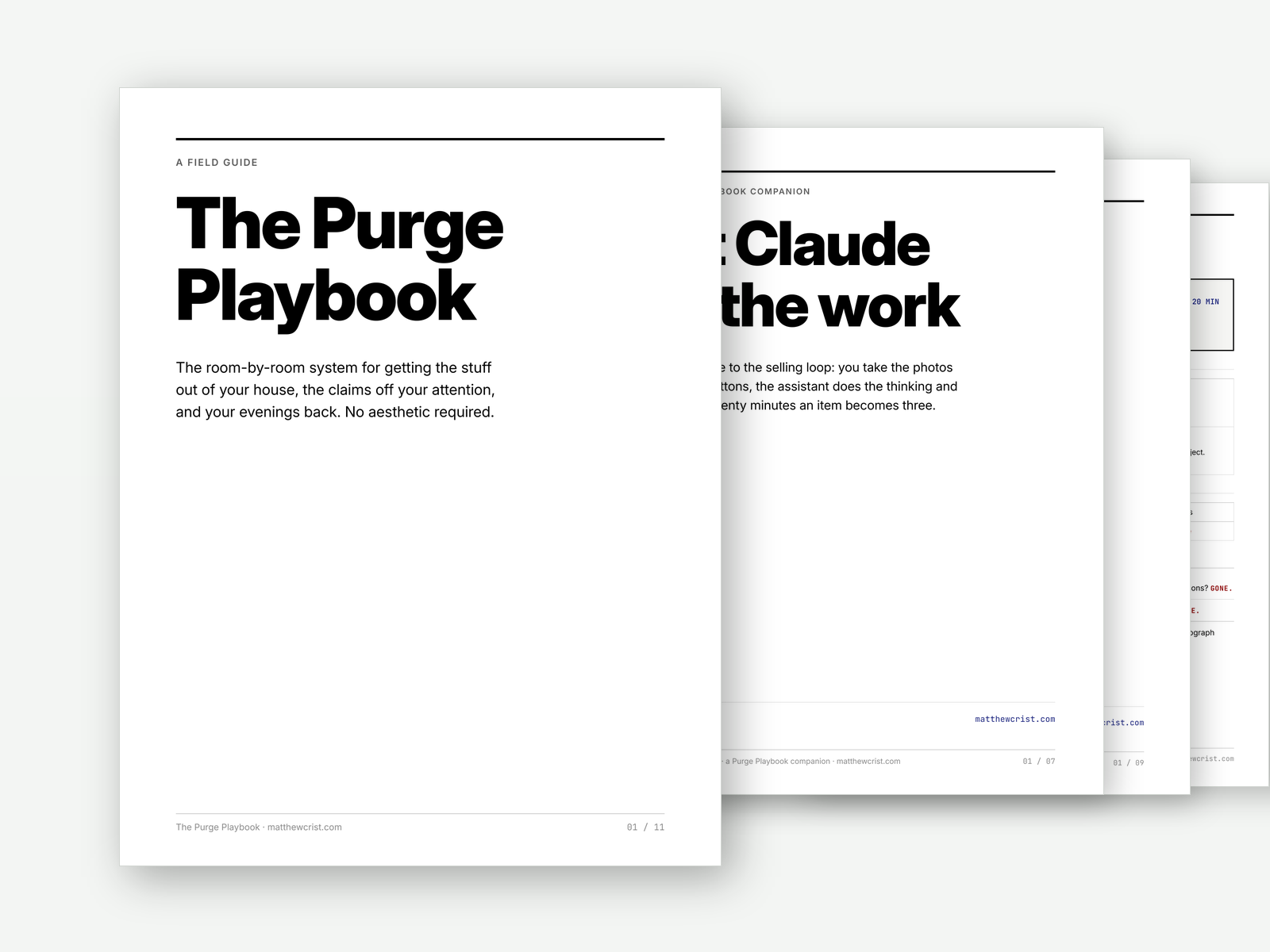 The Purge Playbook kit: four printed guides fanned out